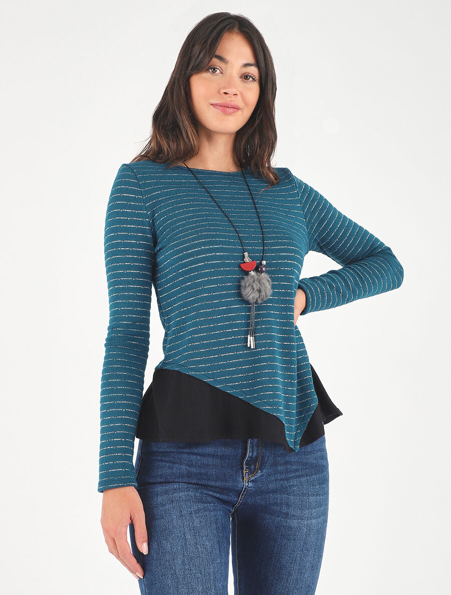 Pull droit rayé bords à volants - Bleu canard - 4