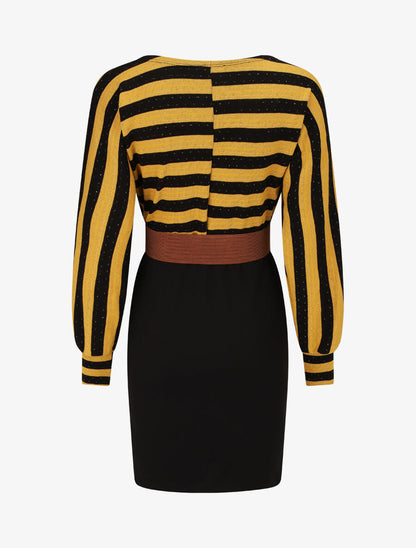 Robe courte ajustée bi-matière à rayures - Moutarde - 2