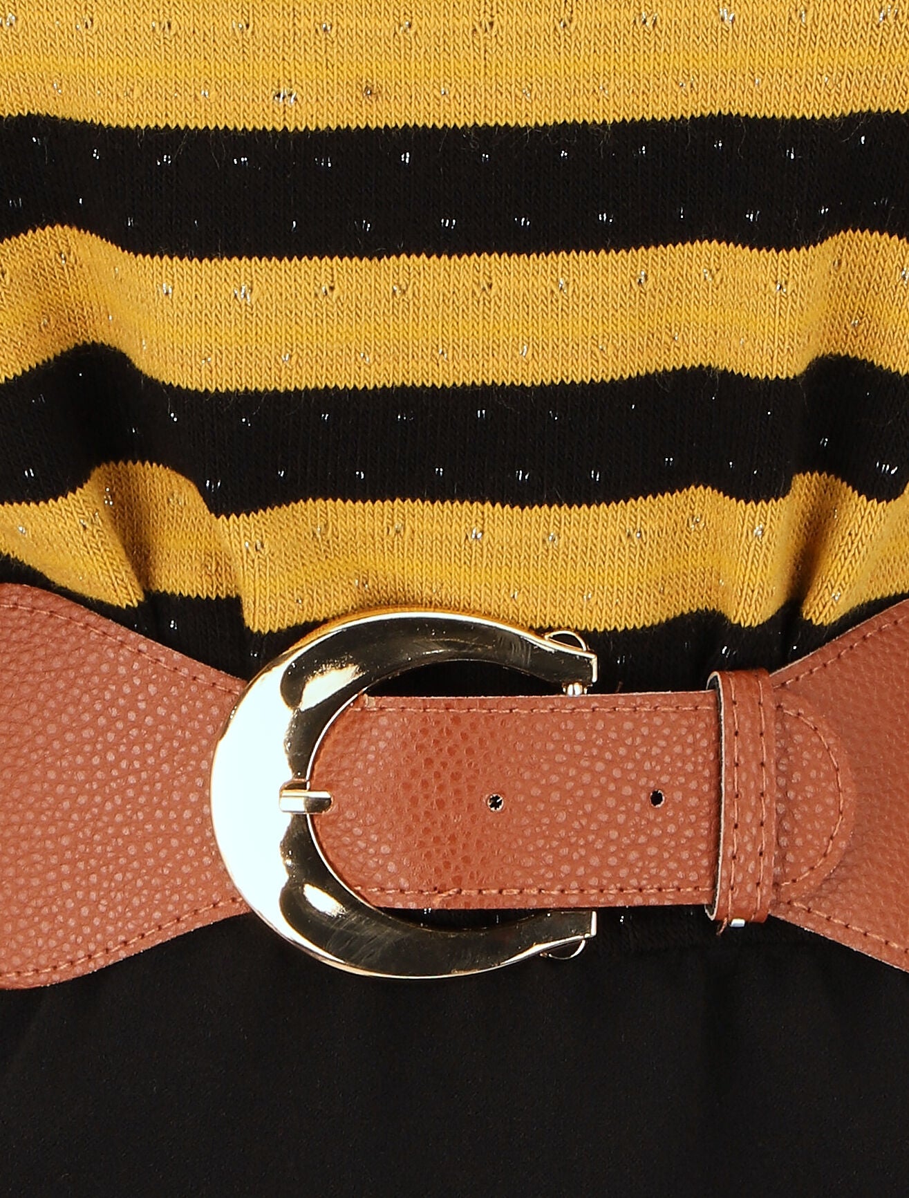 Robe courte ajustée bi-matière à rayures - Moutarde - 3