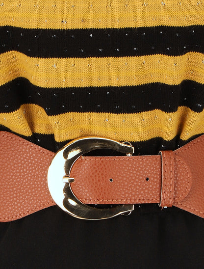 Robe courte ajustée bi-matière à rayures - Moutarde - 3