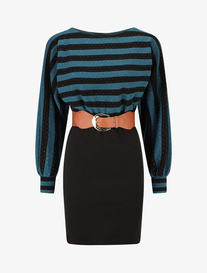 Robe courte ajustée bi-matière à rayures - Bleu canard - 1