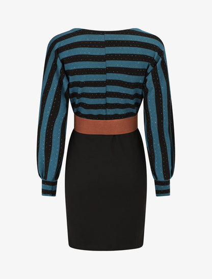 Robe courte ajustée bi-matière à rayures - Bleu canard - 2
