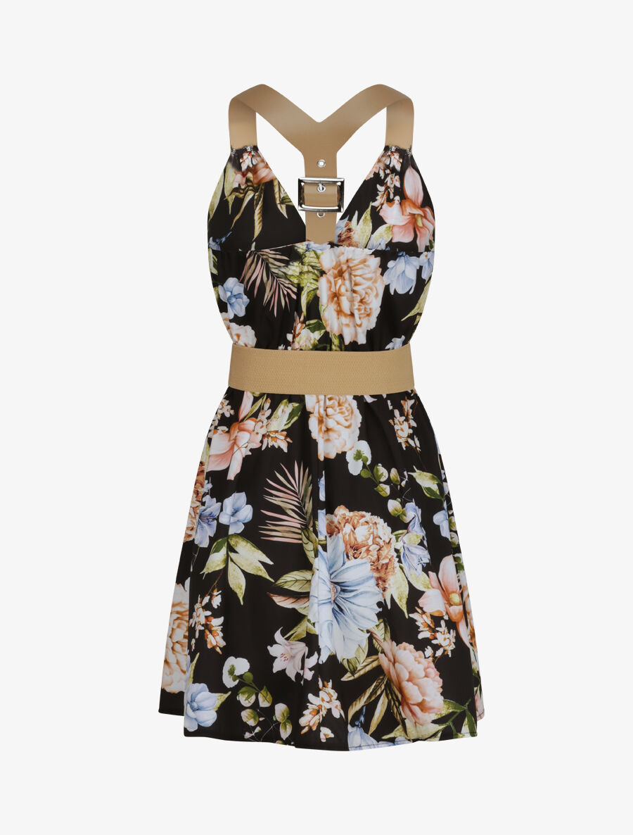 Robe patineuse courte imprimé fleuri à bretelles stylisées - Noir - 2