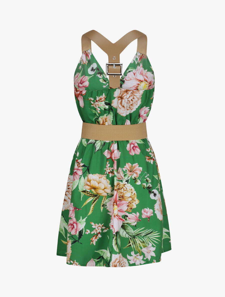 Robe patineuse courte imprimé fleuri à bretelles stylisées - Vert - 3