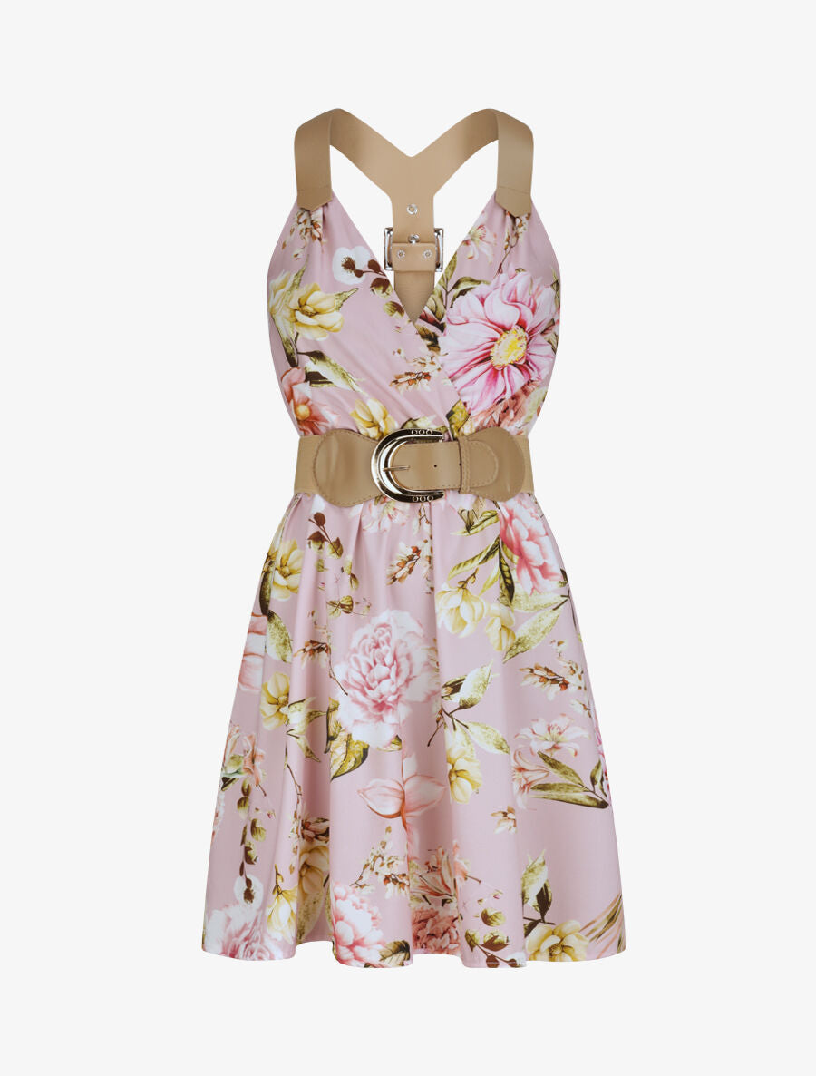 Robe patineuse courte imprimé fleuri à bretelles stylisées - Rose - 1