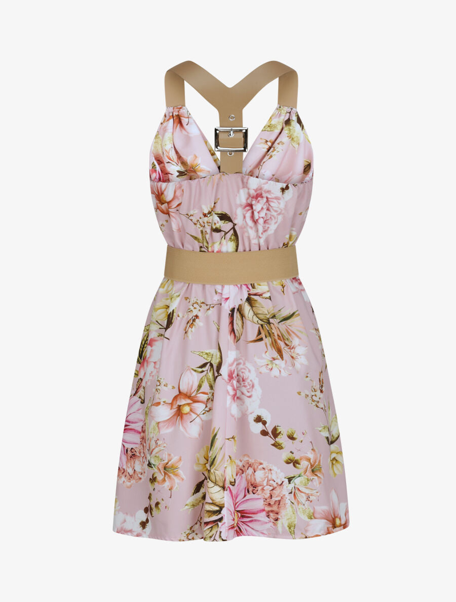 Robe patineuse courte imprimé fleuri à bretelles stylisées - Rose - 2
