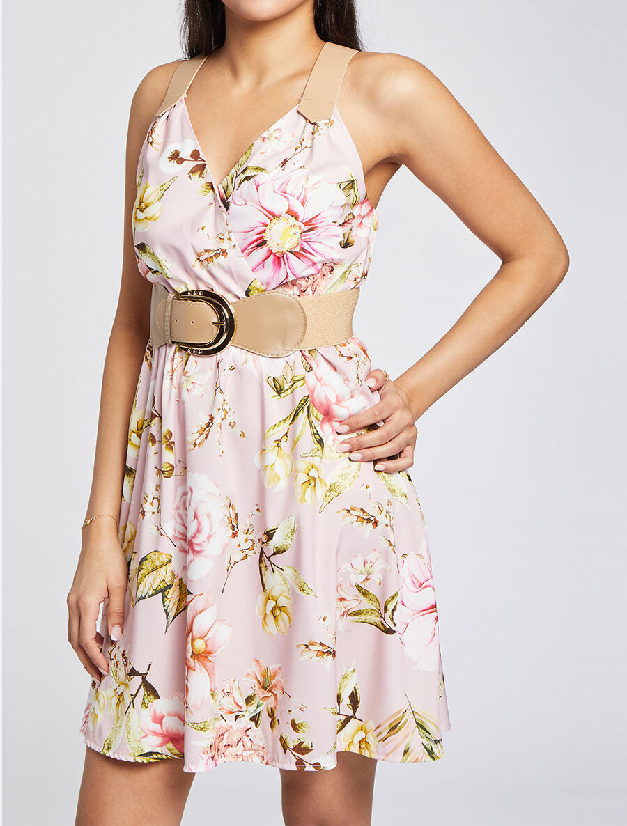 Robe patineuse courte imprimé fleuri à bretelles stylisées - Rose - 5