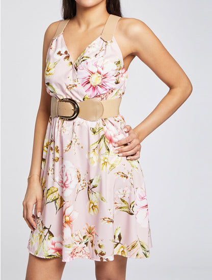 Robe patineuse courte imprimé fleuri à bretelles stylisées - Rose - 5