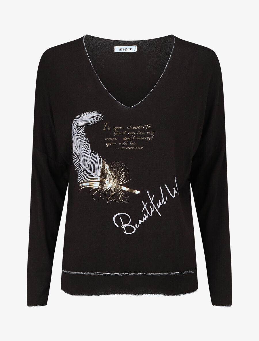 Pull ample col V motif plumes - Noir - 1