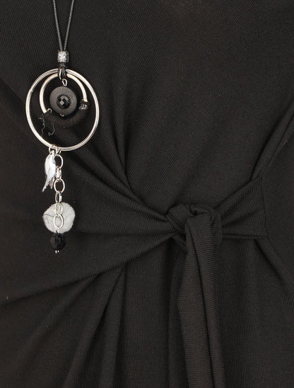 Robe ajustée à noeud et manches longues - Noir - 3