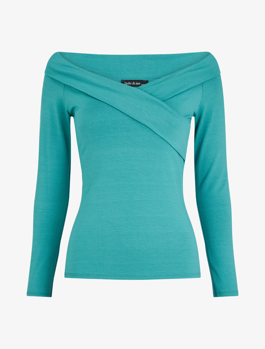 Top à col V à revers et manches 3/4 - Turquoise - 1