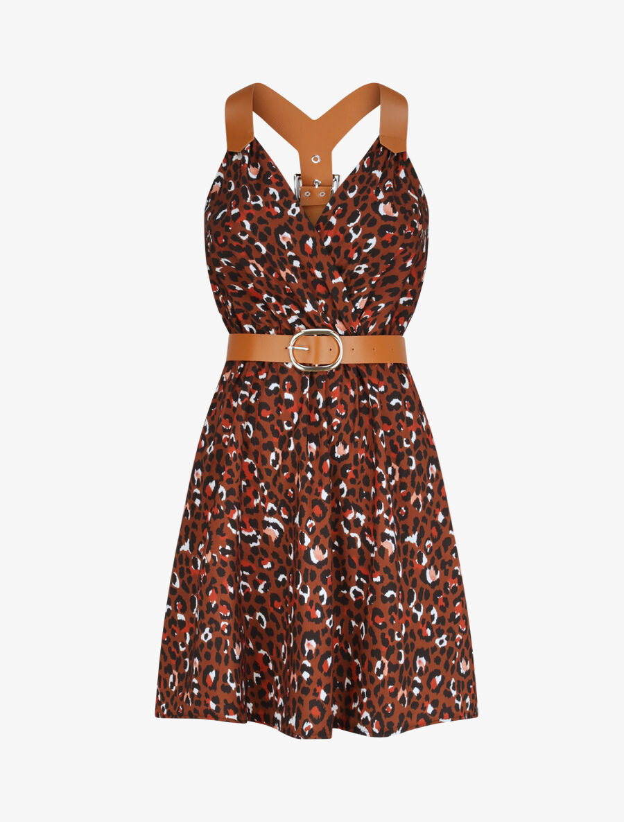 Robe patineuse courte imprimé léopard à bretelles stylisées - Marron - 1