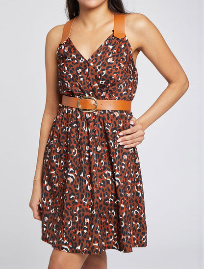 Robe patineuse courte imprimé léopard à bretelles stylisées - Marron - 5