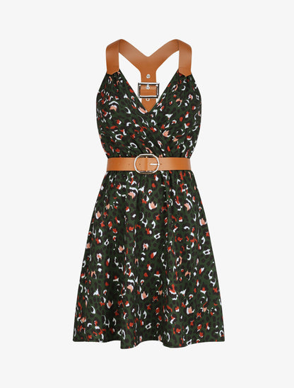 Robe patineuse courte imprimé léopard à bretelles stylisées - Vert foncé - 1