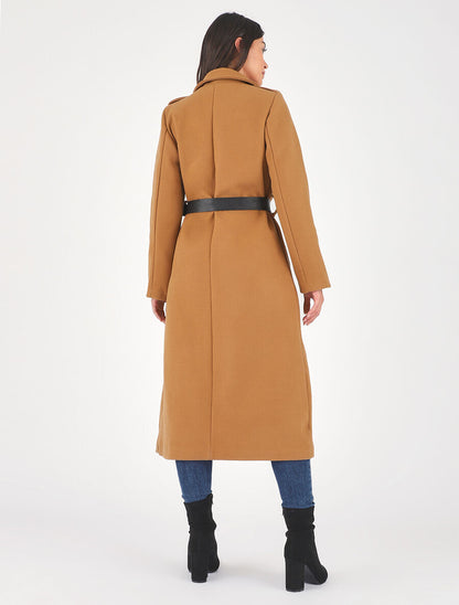 Manteau long droit à ceinture - Camel - 5