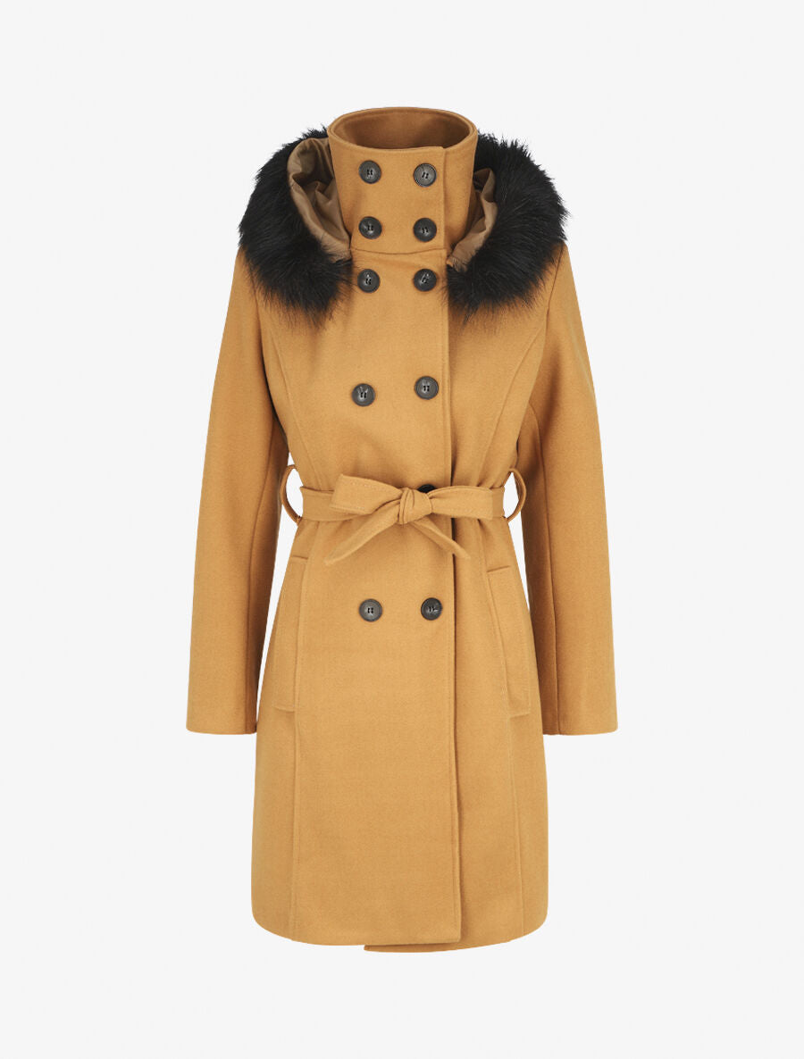 Manteau long capuche à fourrure - Camel - 4