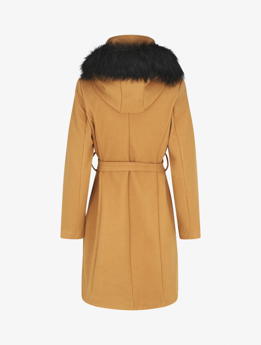Manteau long capuche à fourrure - Camel - 2