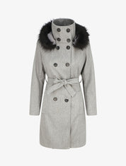 Manteau long capuche à fourrure - Gris - 4