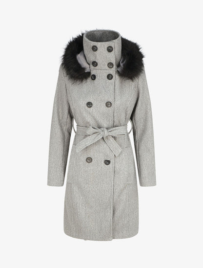 Manteau long capuche à fourrure - Gris - 4