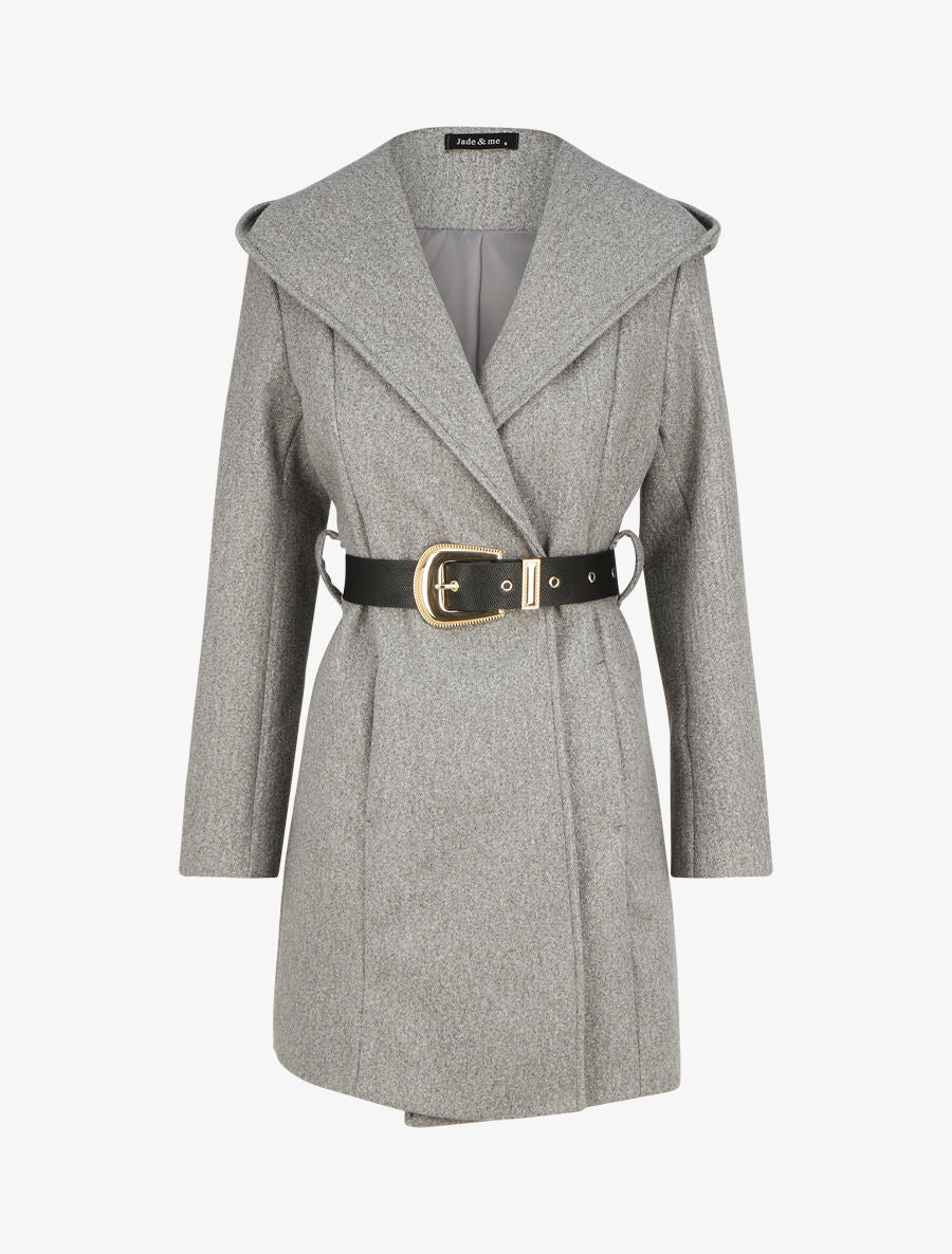 Manteau à capuche ceinturé - Gris - 4