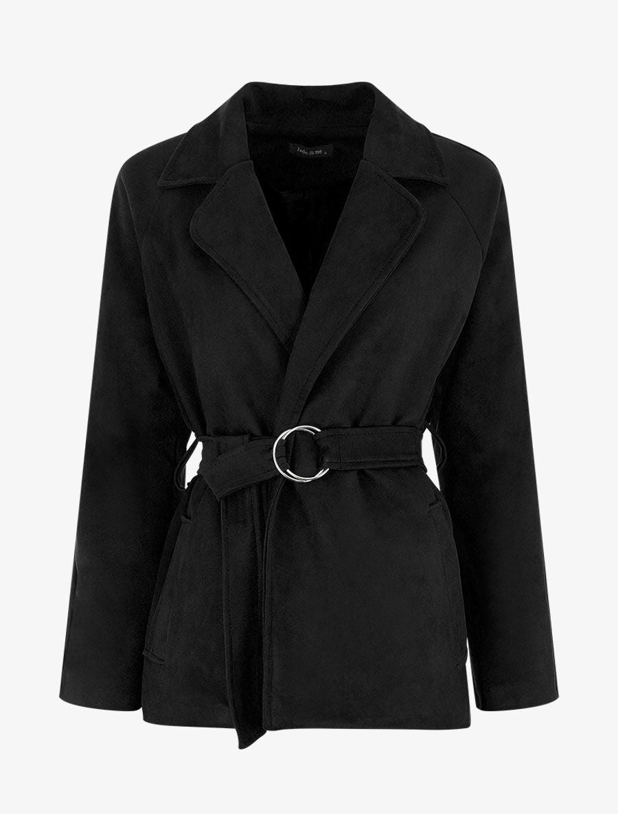 Veste droite en suédine ceinturée - Noir - 4