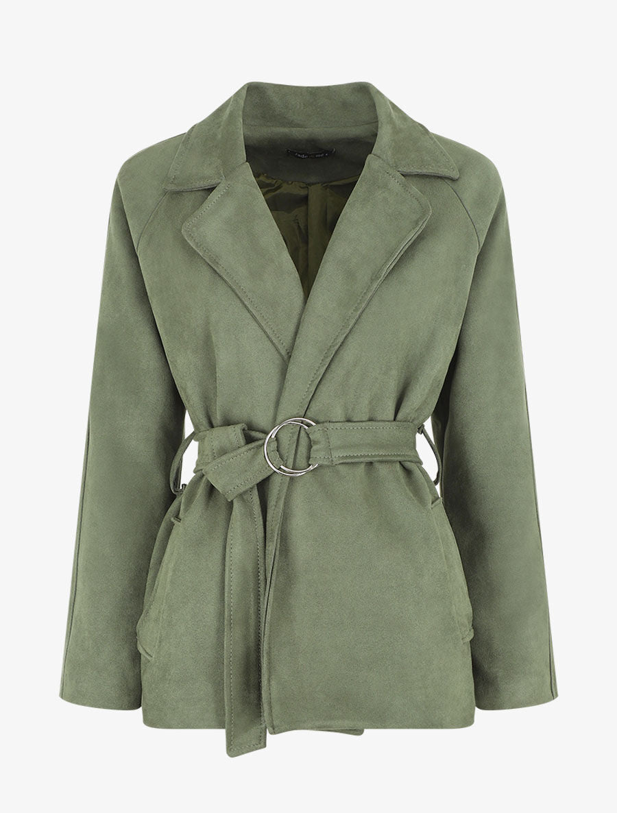 Veste droite en suédine ceinturée - Kaki - 4
