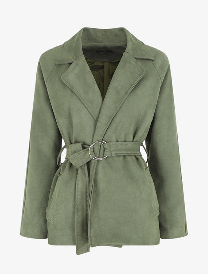 Veste droite en suédine ceinturée - Kaki - 4