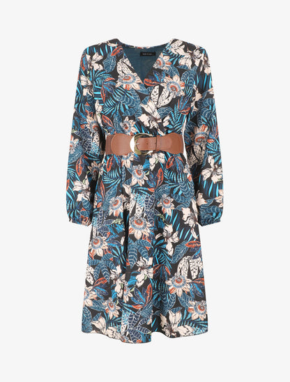 Robe évasée imprimé tropical - Bleu canard - 3
