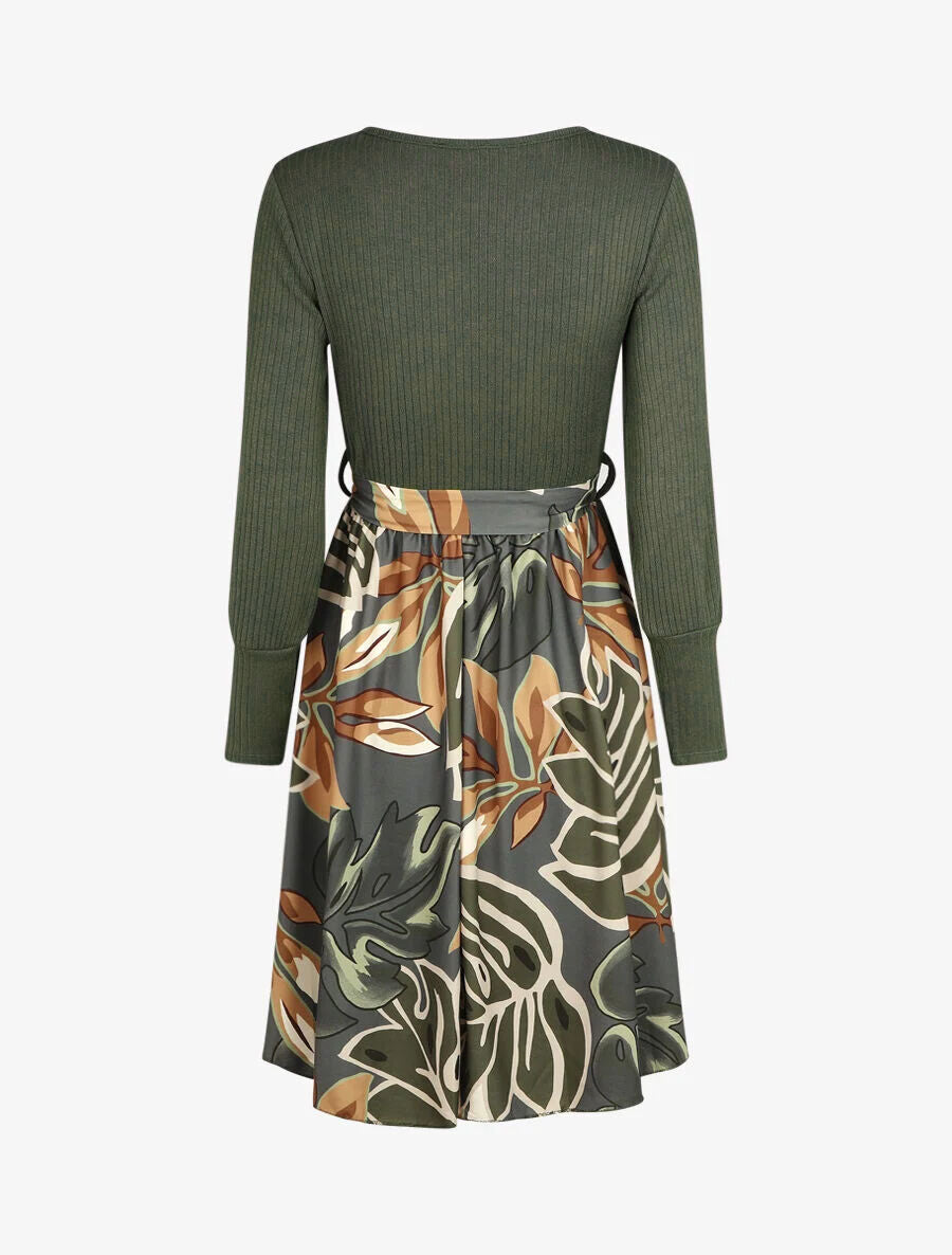 Robe fluide bi-matière imprimé fleuri - Vert - 2