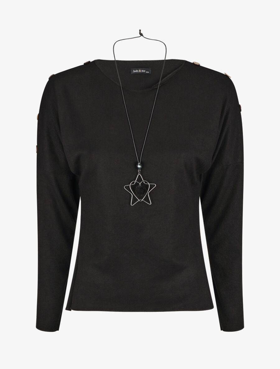 Pull droit uni à boutons - Noir - 4