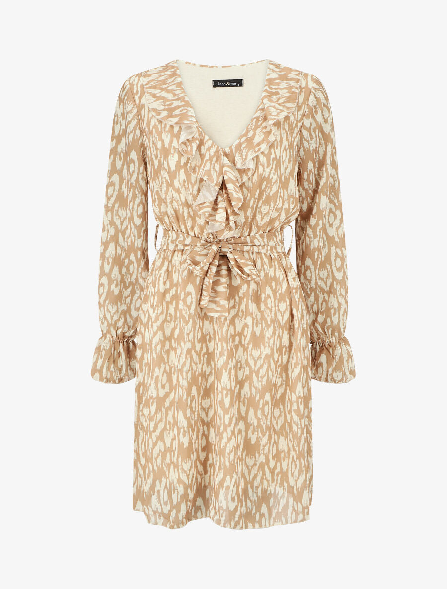 Robe imprimé à col volanté - Beige - 5
