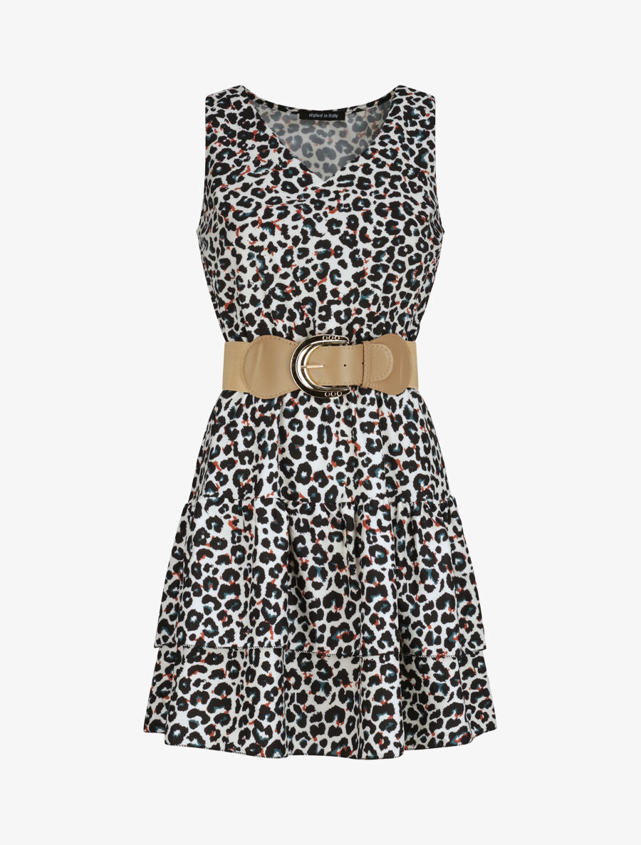 Robe patineuse courte à volants imprimé léopard - Écru - 1