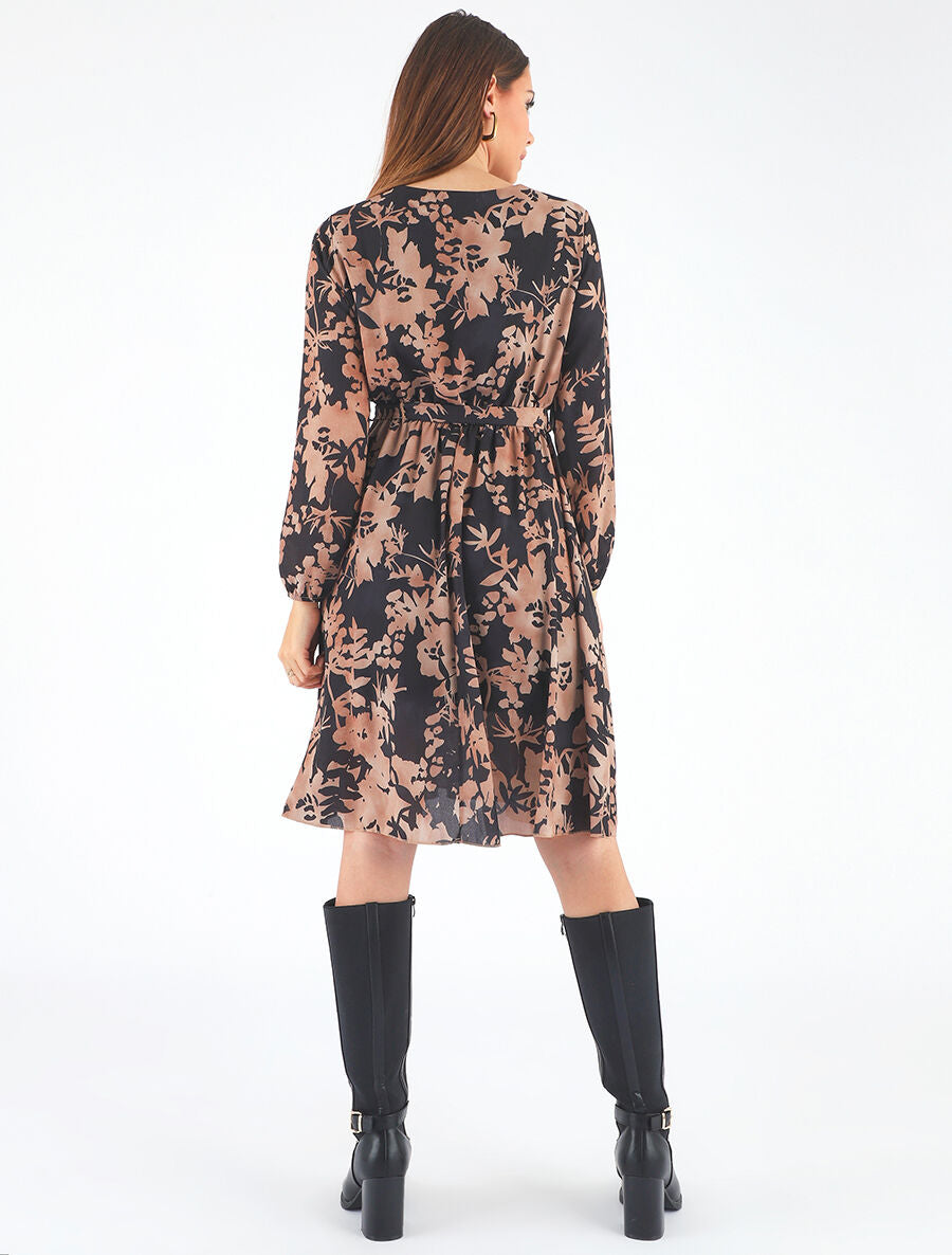 Robe mi-longue imprimé floral coupe évasée - Noir - 5