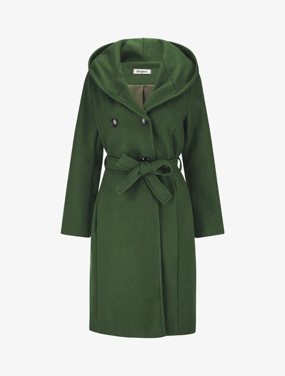 Manteau long ceinturé à capuche - Vert sapin - 1