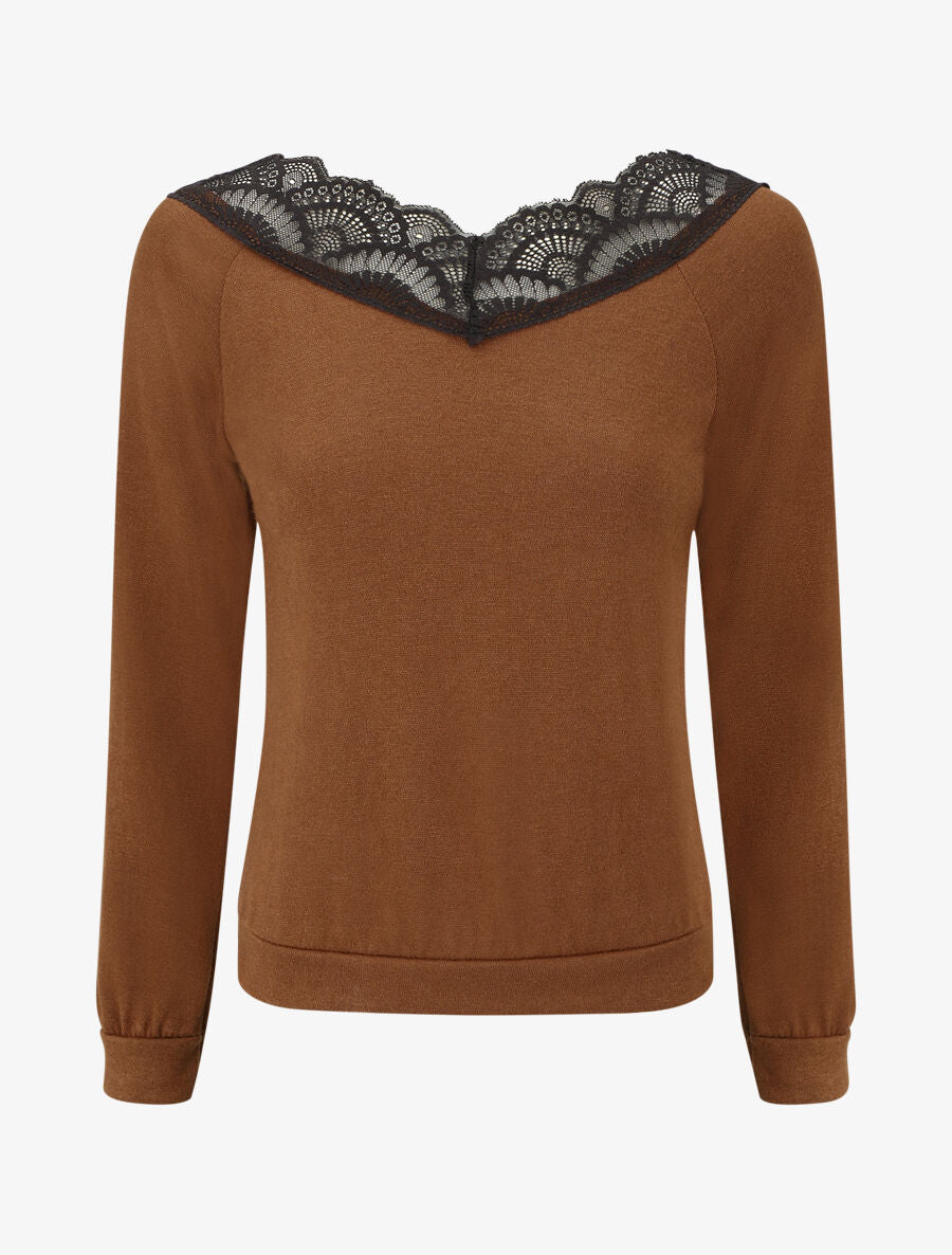 Pull fin droit col en dentelle - Camel - 1