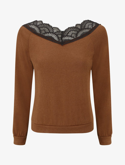 Pull fin droit col en dentelle - Camel - 1