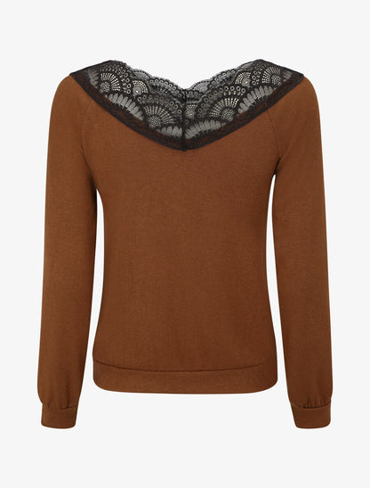 Pull fin droit col en dentelle - Camel - 2