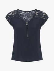 Top uni à zip et dentelle - Marine - 5