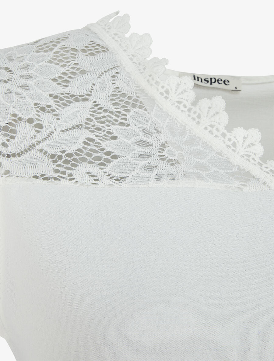 Top fluide à mancherons dentelle - Blanc - 3