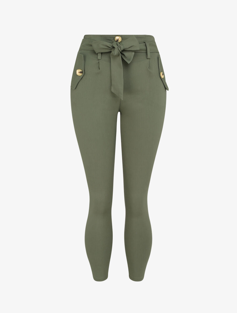 Pantalon 7/8 coupe slim à poches décoratives - Kaki - 1