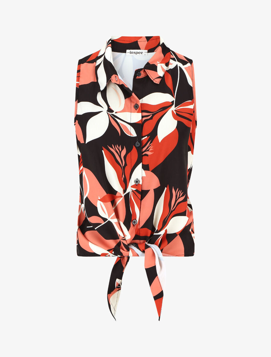 Chemise sans manches à noeud imprimé floral - Noir/rouille - 1