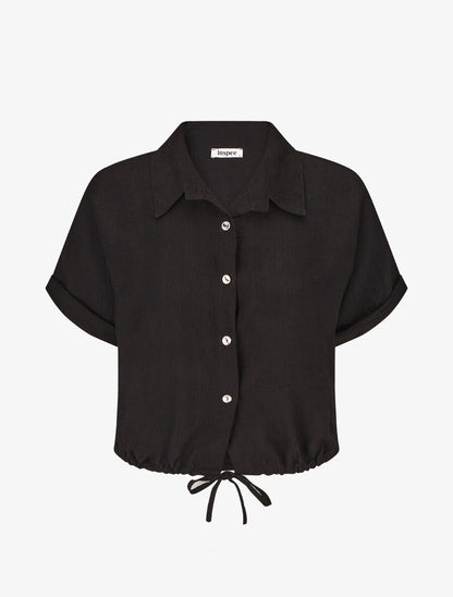 Blouse unie à cordons de serrage - Noir - 1