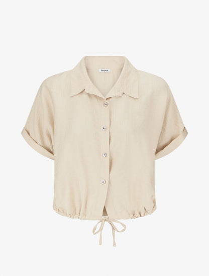 Blouse unie à cordons de serrage - Beige - 1