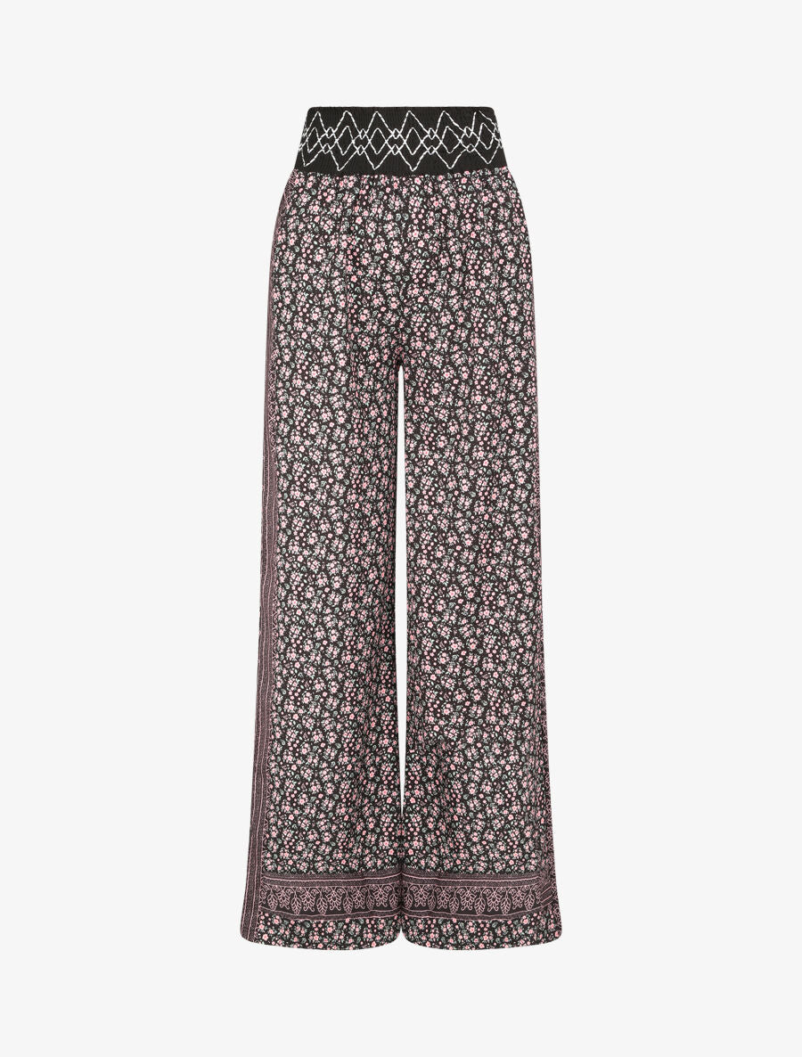 Pantalon fluide coupe flare imprimé petites fleurs - Noir - 1