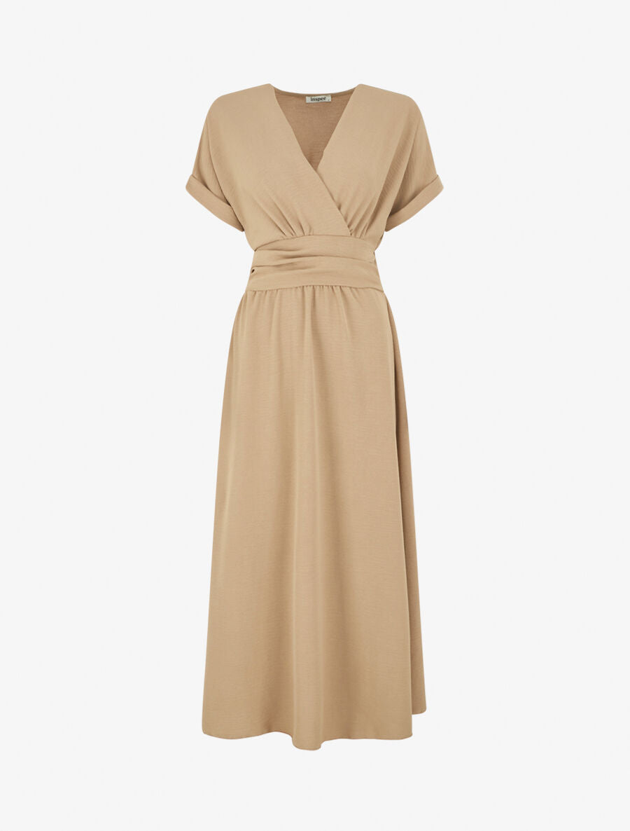 Robe longue unie col cache coeur - Beige foncé - 1