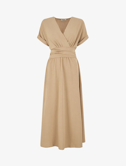 Robe longue unie col cache coeur - Beige foncé - 1