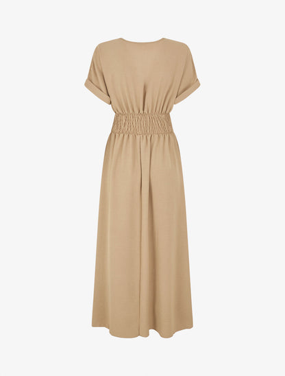 Robe longue unie col cache coeur - Beige foncé - 2