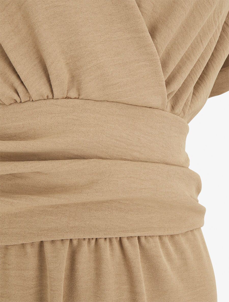 Robe longue unie col cache coeur - Beige foncé - 3