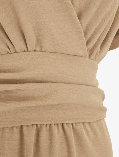 Robe longue unie col cache coeur - Beige foncé - 3