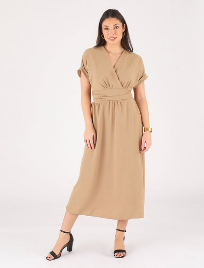 Robe longue unie col cache coeur - Beige foncé - 4